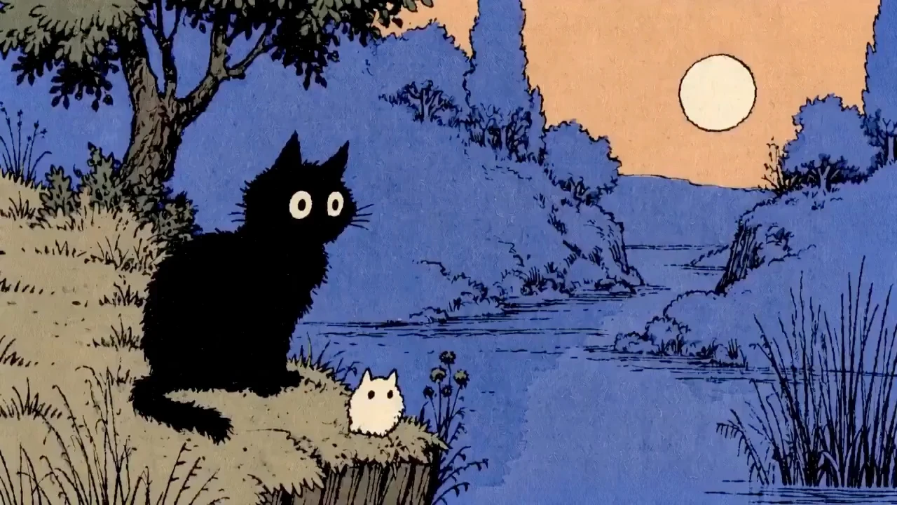Black cat and white kitten in a blue storybook landscape