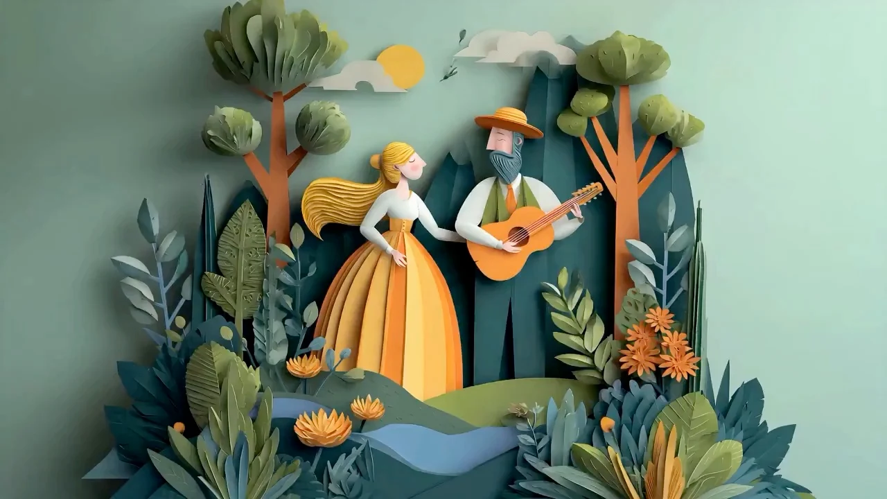 Layered paper-cut musicians in a stylized mountain landscape
