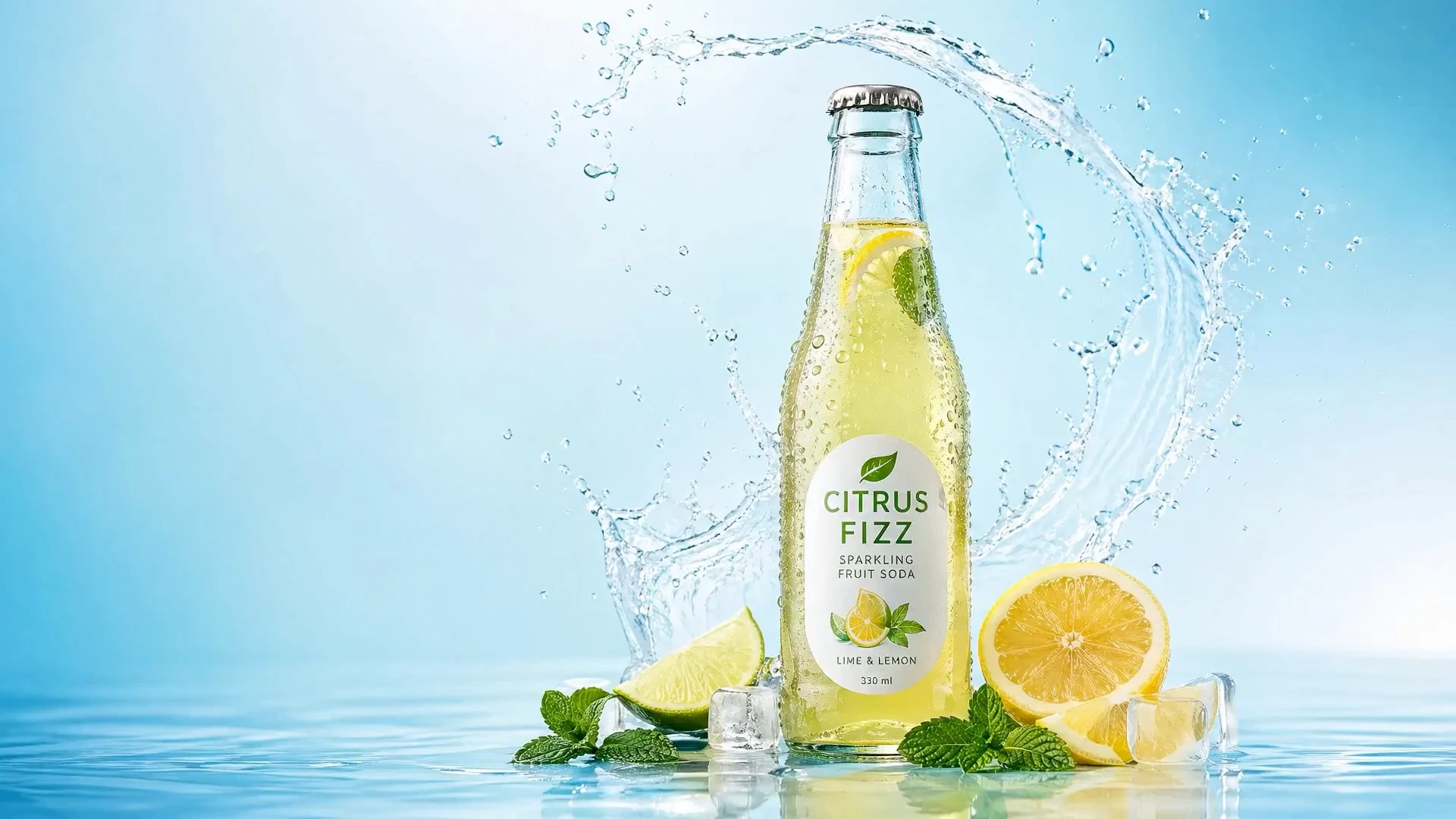 Citrus soda bottle surrounded by fruit, ice, and splashing water